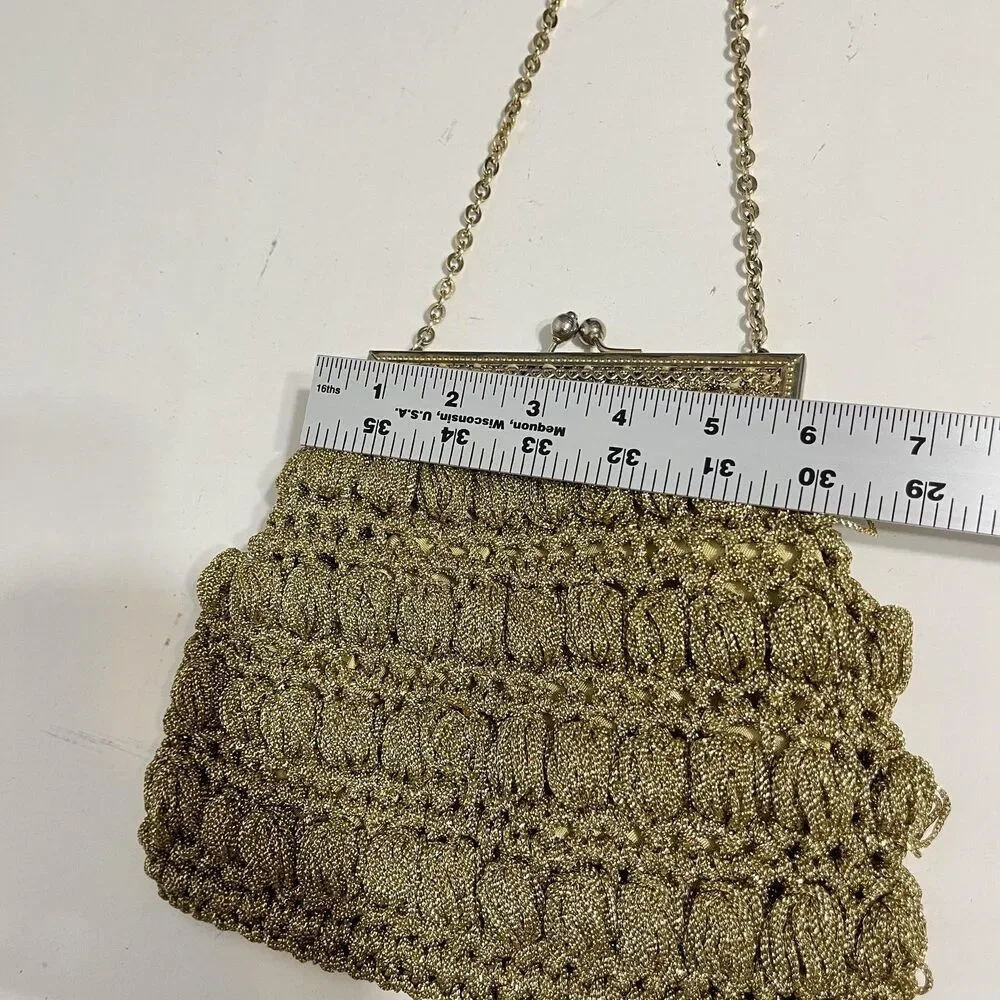 Vintage Delill Shoulder Bag Womens Mini Gold Metallic Crochet Evening Italy